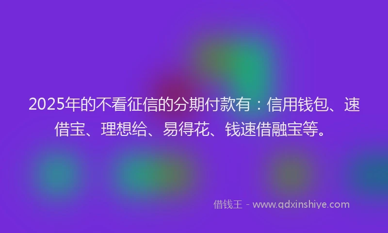 2025年的不看征信的分期付款有：信用钱包、速借宝、理想给、易得花、钱速借融宝等。