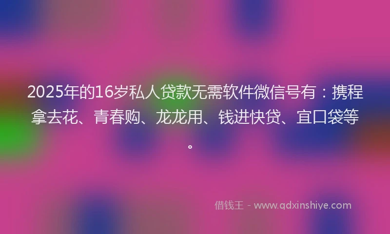 2025年的16岁私人贷款无需软件微信号有：携程拿去花、青春购、龙龙用、钱进快贷、宜口袋等。