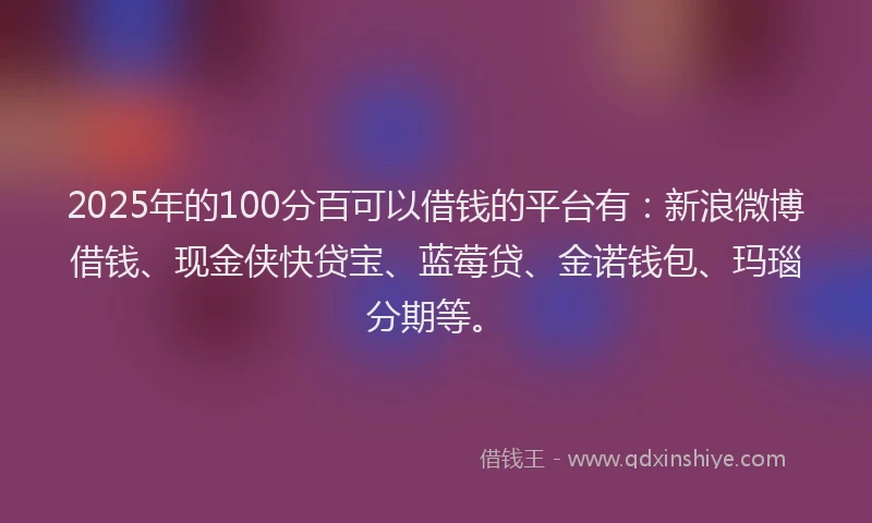 2025年的100分百可以借钱的平台有：新浪微博借钱、现金侠快贷宝、蓝莓贷、金诺钱包、玛瑙分期等。