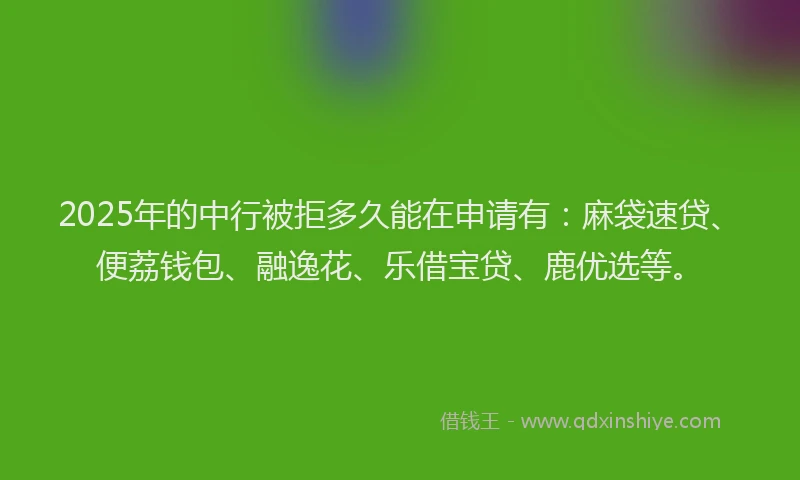 2025年的中行被拒多久能在申请有：麻袋速贷、便荔钱包、融逸花、乐借宝贷、鹿优选等。