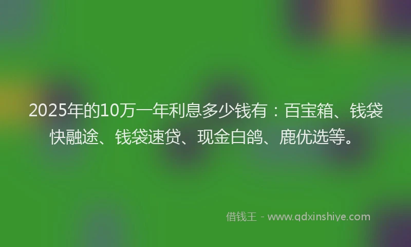 2025年的10万一年利息多少钱有：百宝箱、钱袋快融途、钱袋速贷、现金白鸽、鹿优选等。