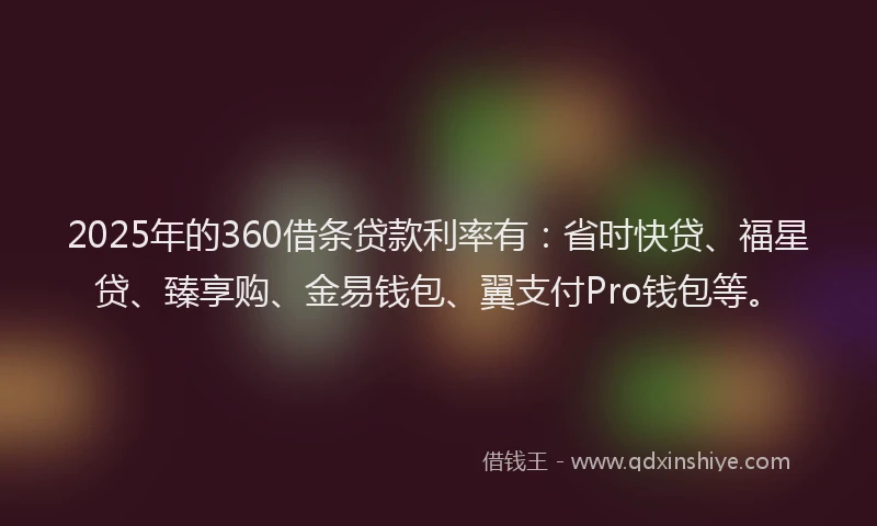 2025年的360借条贷款利率有：省时快贷、福星贷、臻享购、金易钱包、翼支付Pro钱包等。