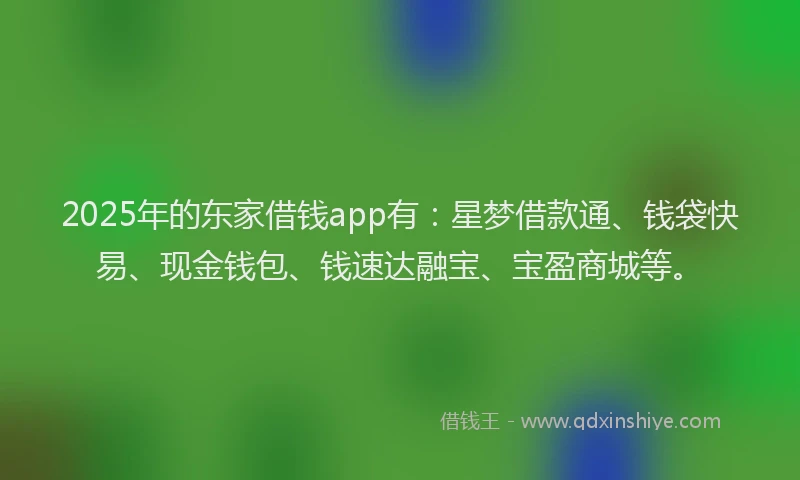 2025年的东家借钱app有：星梦借款通、钱袋快易、现金钱包、钱速达融宝、宝盈商城等。