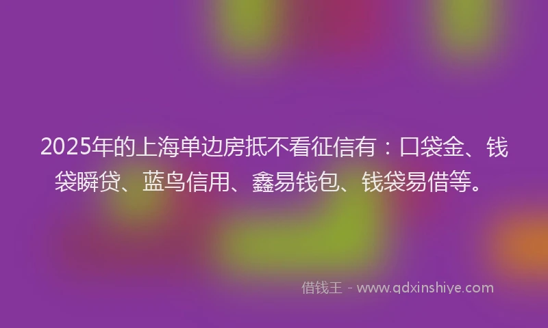 2025年的上海单边房抵不看征信有：口袋金、钱袋瞬贷、蓝鸟信用、鑫易钱包、钱袋易借等。