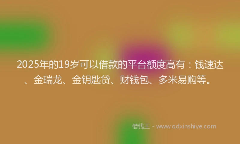 2025年的19岁可以借款的平台额度高有：钱速达、金瑞龙、金钥匙贷、财钱包、多米易购等。
