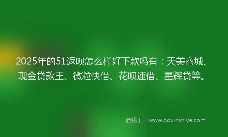2025年的51返呗怎么样好下款吗有：天美商城、现金贷款王、微粒快借、花呗速借、星辉贷等。