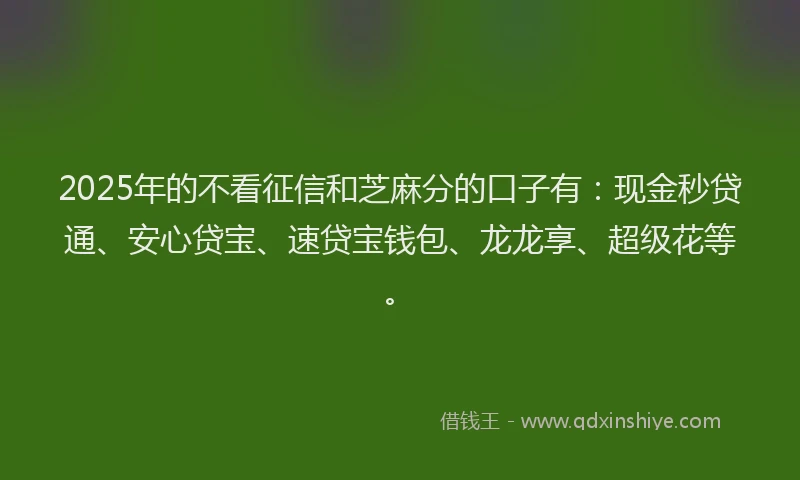 2025年的不看征信和芝麻分的口子有：现金秒贷通、安心贷宝、速贷宝钱包、龙龙享、超级花等。