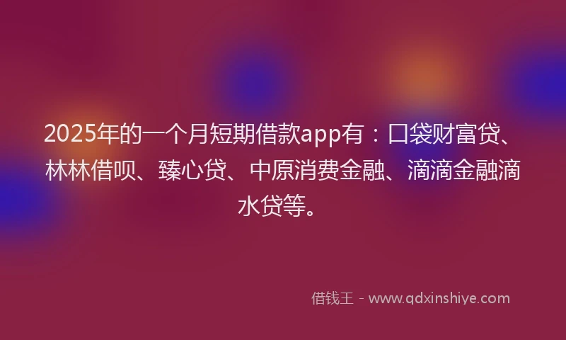 2025年的一个月短期借款app有：口袋财富贷、林林借呗、臻心贷、中原消费金融、滴滴金融滴水贷等。