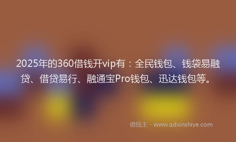 2025年的360借钱开vip有：全民钱包、钱袋易融贷、借贷易行、融通宝Pro钱包、迅达钱包等。