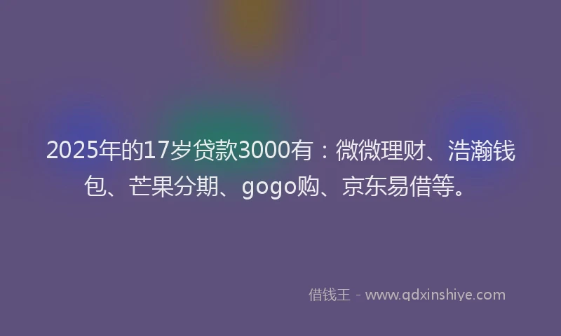 2025年的17岁贷款3000有：微微理财、浩瀚钱包、芒果分期、gogo购、京东易借等。