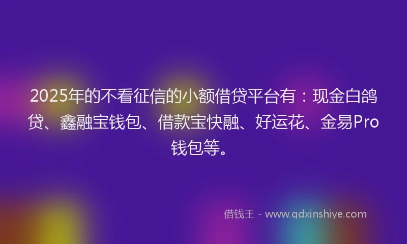 2025年的不看征信的小额借贷平台有：现金白鸽贷、鑫融宝钱包、借款宝快融、好运花、金易Pro钱包等。