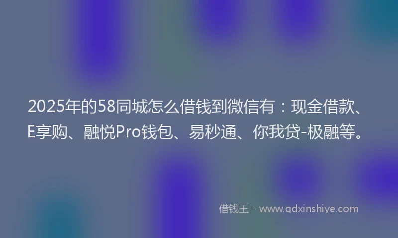 2025年的58同城怎么借钱到微信有：现金借款、E享购、融悦Pro钱包、易秒通、你我贷-极融等。