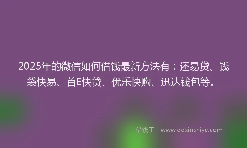 2025年的微信如何借钱最新方法有：还易贷、钱袋快易、首E快贷、优乐快购、迅达钱包等。