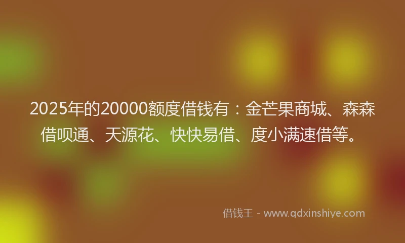 2025年的20000额度借钱有：金芒果商城、森森借呗通、天源花、快快易借、度小满速借等。
