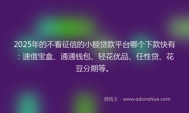 2025年的不看征信的小额贷款平台哪个下款快有：速借宝盒、通通钱包、轻花优品、任性贷、花豆分期等。