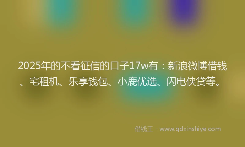2025年的不看征信的口子17w有：新浪微博借钱、宅租机、乐享钱包、小鹿优选、闪电侠贷等。