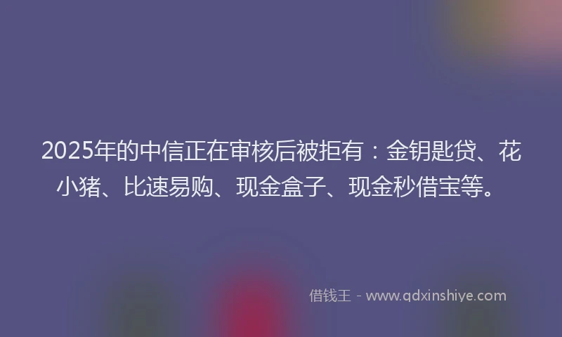2025年的中信正在审核后被拒有：金钥匙贷、花小猪、比速易购、现金盒子、现金秒借宝等。