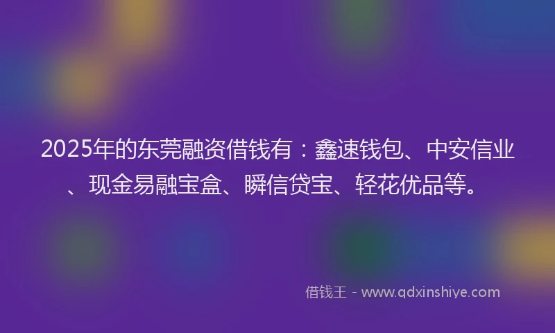 2025年的东莞融资借钱有：鑫速钱包、中安信业、现金易融宝盒、瞬信贷宝、轻花优品等。