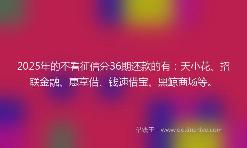 2025年的不看征信分36期还款的有：天小花、招联金融、惠享借、钱速借宝、黑鲸商场等。