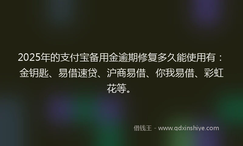2025年的支付宝备用金逾期修复多久能使用有：金钥匙、易借速贷、沪商易借、你我易借、彩虹花等。