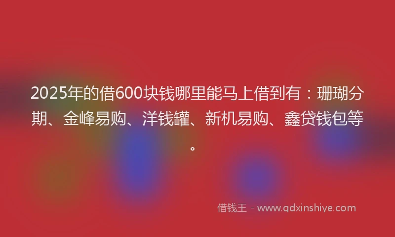 2025年的借600块钱哪里能马上借到有：珊瑚分期、金峰易购、洋钱罐、新机易购、鑫贷钱包等。
