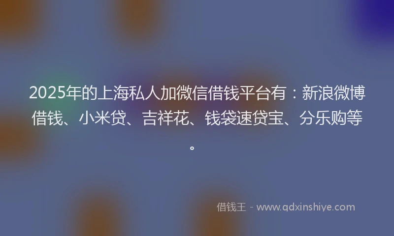 2025年的上海私人加微信借钱平台有：新浪微博借钱、小米贷、吉祥花、钱袋速贷宝、分乐购等。