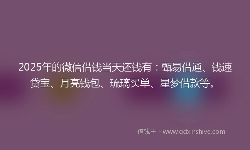 2025年的微信借钱当天还钱有：甄易借通、钱速贷宝、月亮钱包、琉璃买单、星梦借款等。