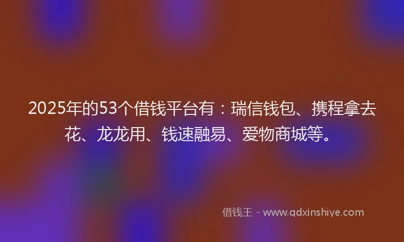 2025年的53个借钱平台有：瑞信钱包、携程拿去花、龙龙用、钱速融易、爱物商城等。