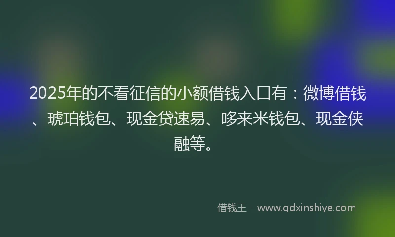 2025年的不看征信的小额借钱入口有：微博借钱、琥珀钱包、现金贷速易、哆来米钱包、现金侠融等。