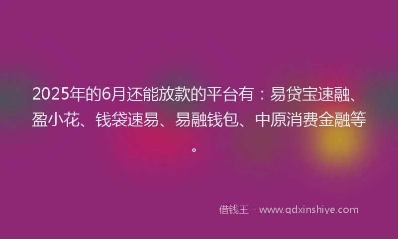 2025年的6月还能放款的平台有：易贷宝速融、盈小花、钱袋速易、易融钱包、中原消费金融等。