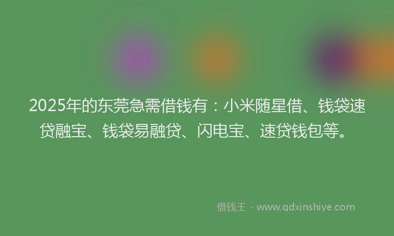 2025年的东莞急需借钱有：小米随星借、钱袋速贷融宝、钱袋易融贷、闪电宝、速贷钱包等。