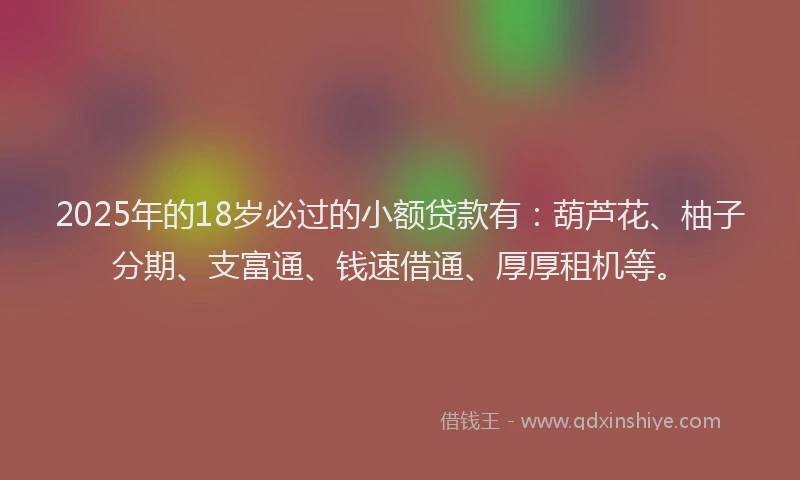 2025年的18岁必过的小额贷款有：葫芦花、柚子分期、支富通、钱速借通、厚厚租机等。