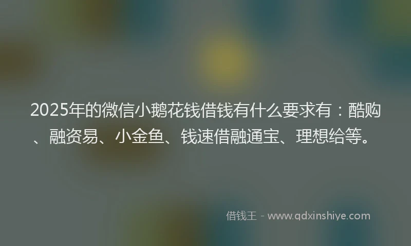 2025年的微信小鹅花钱借钱有什么要求有：酷购、融资易、小金鱼、钱速借融通宝、理想给等。
