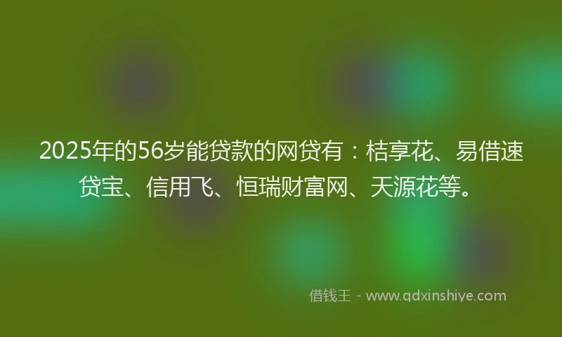2025年的56岁能贷款的网贷有：桔享花、易借速贷宝、信用飞、恒瑞财富网、天源花等。
