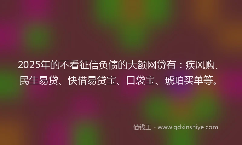 2025年的不看征信负债的大额网贷有：疾风购、民生易贷、快借易贷宝、口袋宝、琥珀买单等。