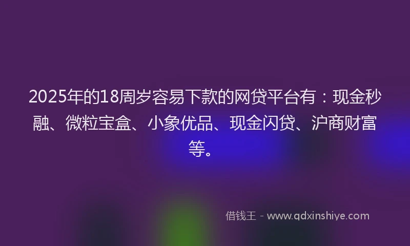 2025年的18周岁容易下款的网贷平台有：现金秒融、微粒宝盒、小象优品、现金闪贷、沪商财富等。