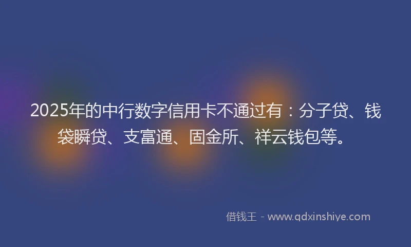 2025年的中行数字信用卡不通过有：分子贷、钱袋瞬贷、支富通、固金所、祥云钱包等。