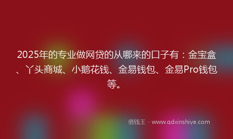 2025年的专业做网贷的从哪来的口子有：金宝盒、丫头商城、小鹅花钱、金易钱包、金易Pro钱包等。
