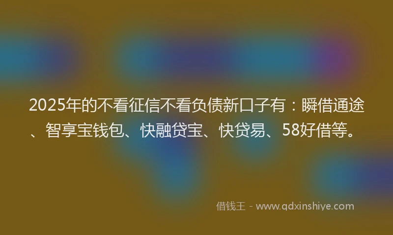 2025年的不看征信不看负债新口子有：瞬借通途、智享宝钱包、快融贷宝、快贷易、58好借等。