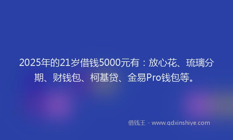 2025年的21岁借钱5000元有：放心花、琉璃分期、财钱包、柯基贷、金易Pro钱包等。