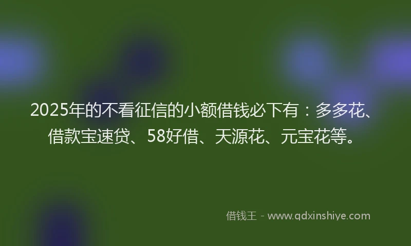 2025年的不看征信的小额借钱必下有：多多花、借款宝速贷、58好借、天源花、元宝花等。