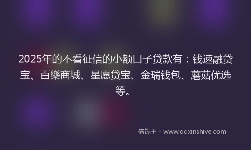 2025年的不看征信的小额口子贷款有：钱速融贷宝、百樂商城、星愿贷宝、金瑞钱包、蘑菇优选等。