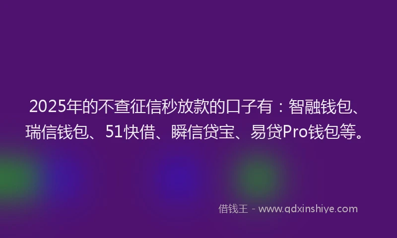 2025年的不查征信秒放款的口子有：智融钱包、瑞信钱包、51快借、瞬信贷宝、易贷Pro钱包等。