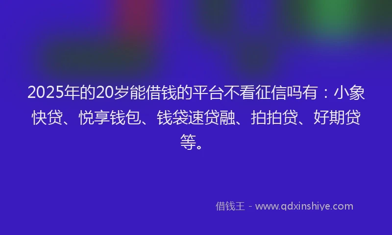 2025年的20岁能借钱的平台不看征信吗有：小象快贷、悦享钱包、钱袋速贷融、拍拍贷、好期贷等。