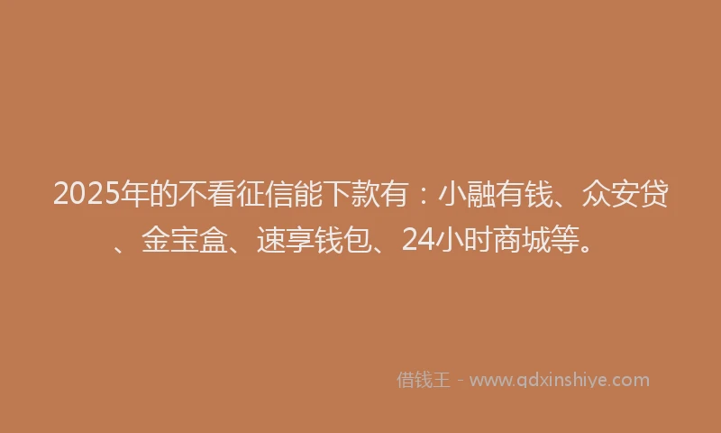 2025年的不看征信能下款有：小融有钱、众安贷、金宝盒、速享钱包、24小时商城等。