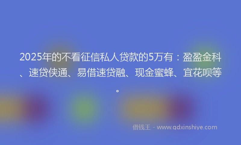 2025年的不看征信私人贷款的5万有：盈盈金科、速贷侠通、易借速贷融、现金蜜蜂、宜花呗等。