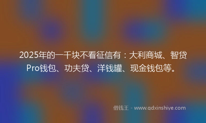 2025年的一千块不看征信有：大利商城、智贷Pro钱包、功夫贷、洋钱罐、现金钱包等。