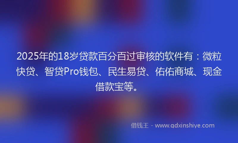 2025年的18岁贷款百分百过审核的软件有：微粒快贷、智贷Pro钱包、民生易贷、佑佑商城、现金借款宝等。