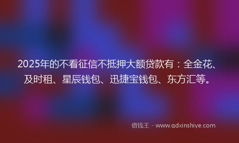 2025年的不看征信不抵押大额贷款有：全金花、及时租、星辰钱包、迅捷宝钱包、东方汇等。