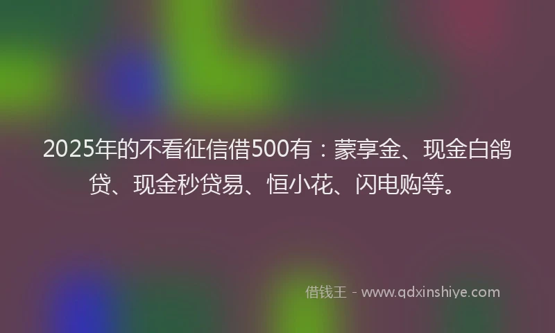 2025年的不看征信借500有：蒙享金、现金白鸽贷、现金秒贷易、恒小花、闪电购等。